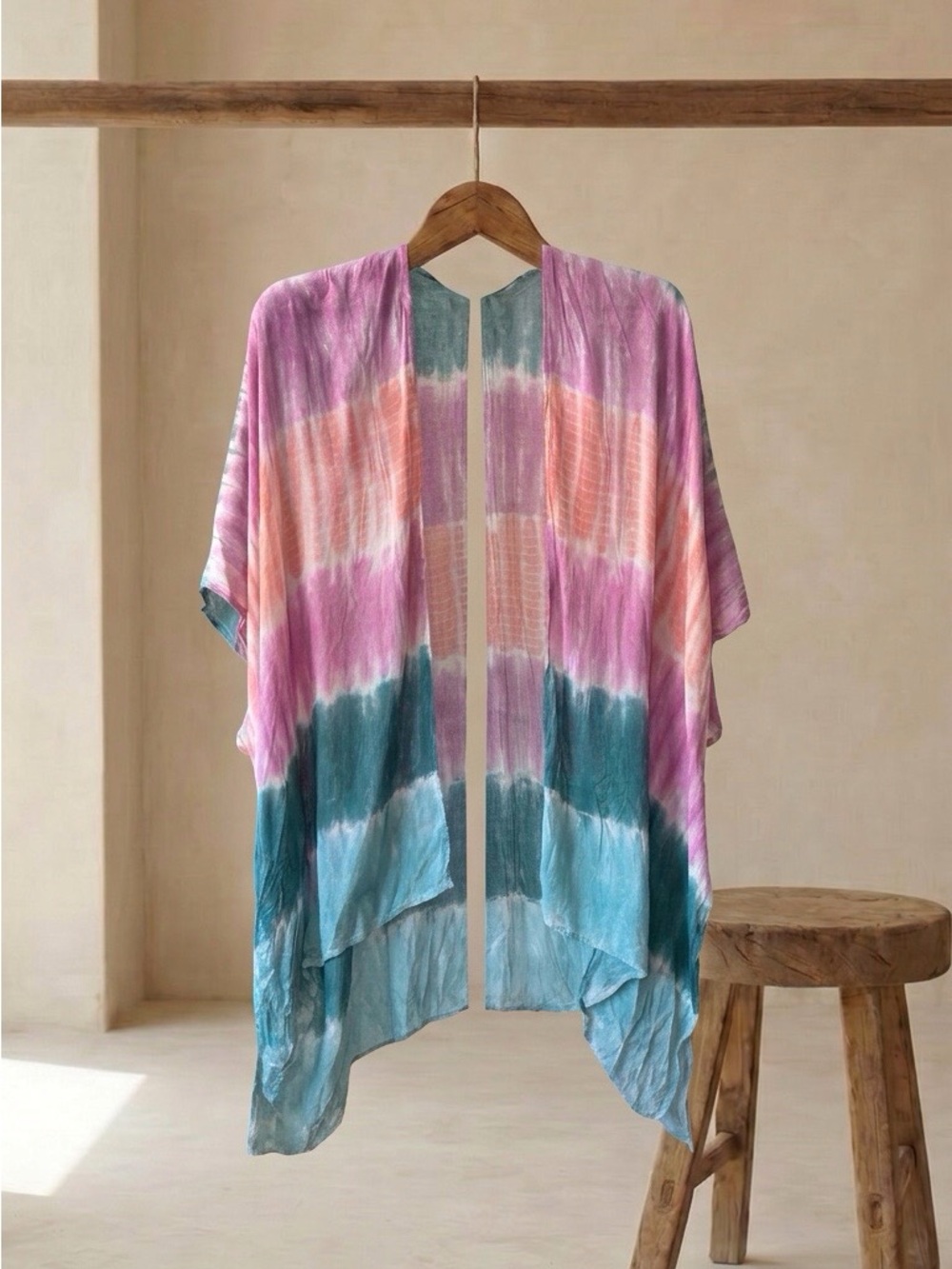 Natural Reflections Teal & Pink Tie-Dye Draped Kimono